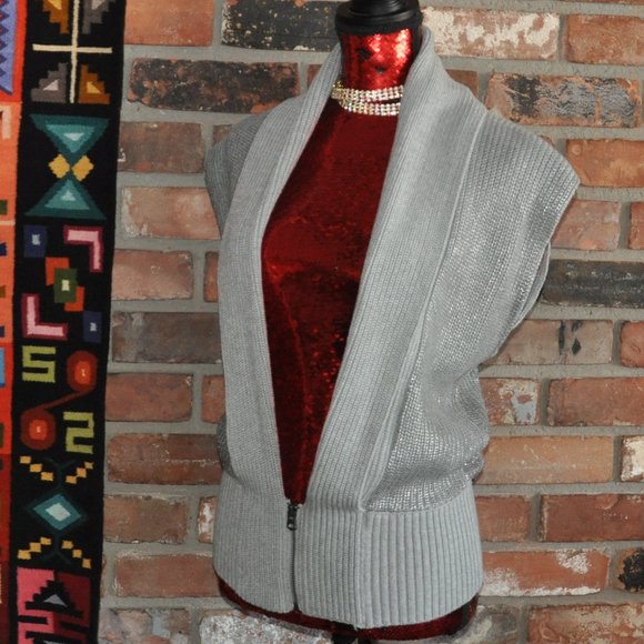 A/X Armani Exchange Sleeveless Gray Metallic Silver Knit Zip-up Sweater Vest S - Picture 2 of 13